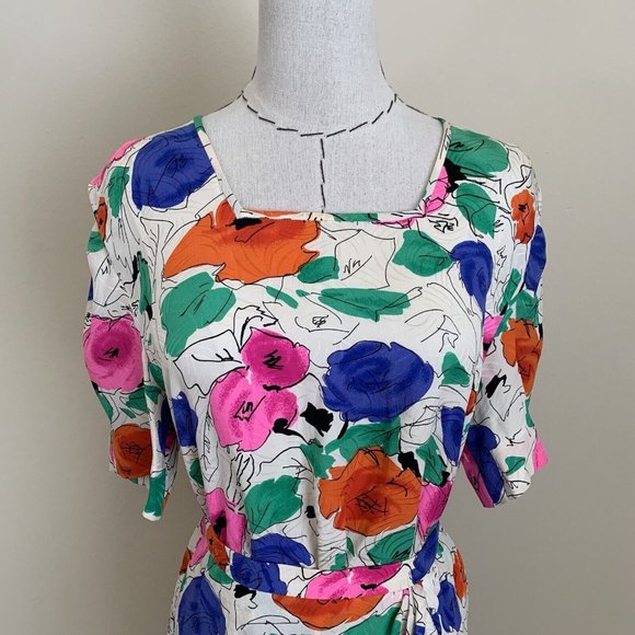 Vintage 80s Stracci Custom Vibrant Silk Floral Print Blouse Top Skirt Set Ungaro - Picture 2 of 11